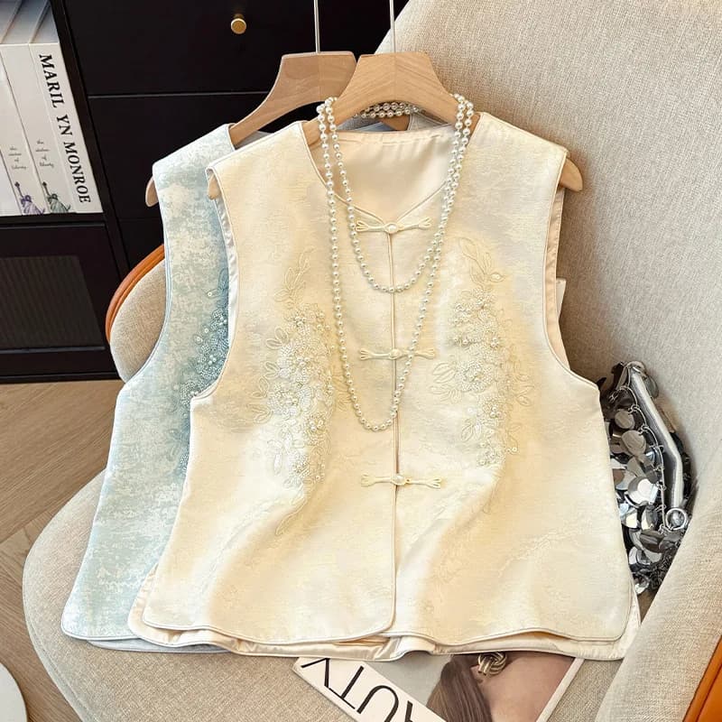 Women's Heavy Beaded Embroidery Vest National Style Comfortable Leisure Temperament round Collar Chinese Top - image 4
