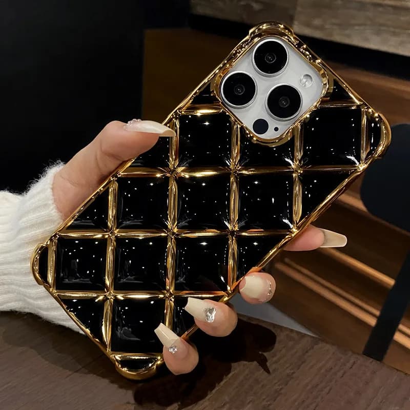 Luxury Plating Diamond Lattice Grid Shockproof Phone Case for iPhone 16 14 13 15 Pro Max Soft Silicone Plated Gold Cover - image 6