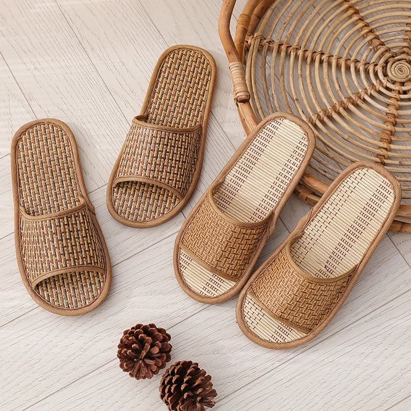 2026 Unisex Bamboo Rattan Woven Slippers Thick Sole Indoor Breathable Non Slip Household Four Seasons Home Shoes - image 5