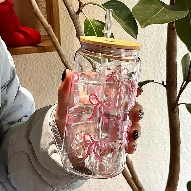 500ml Pink Bow Print Water Bottle Mason Jar Shaped Water Bottle With Lids Plastic Cup Pink Bowknot Tumbler Cup Coffee Juice Cup