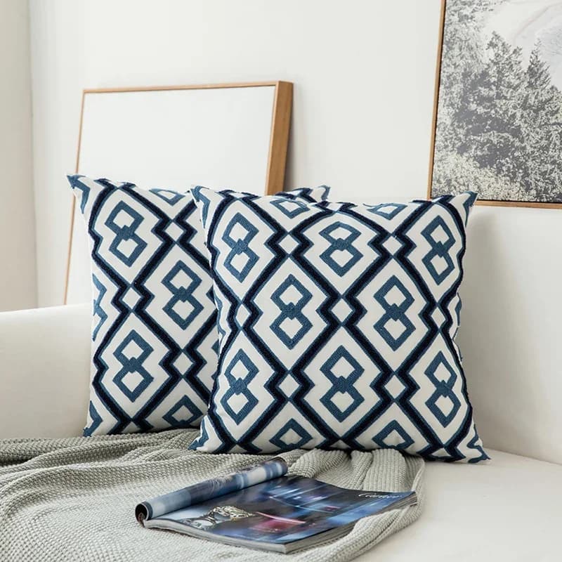 Home Decor Embroidered Cushion Cover Navy Blue/White Geometric Floral Canvas Cotton Suqare Embroidery Pillow Cover 45x45cm - image 4