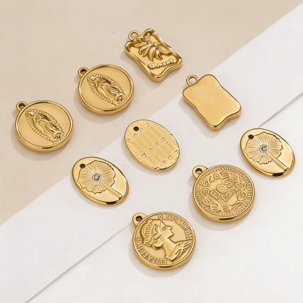 5PCS Religious Vintage Coin Charms Mary Floral Gemstone Pendants 18K Gold Stainless Steel for DIY Necklace Bracelet Jewelry - image 5