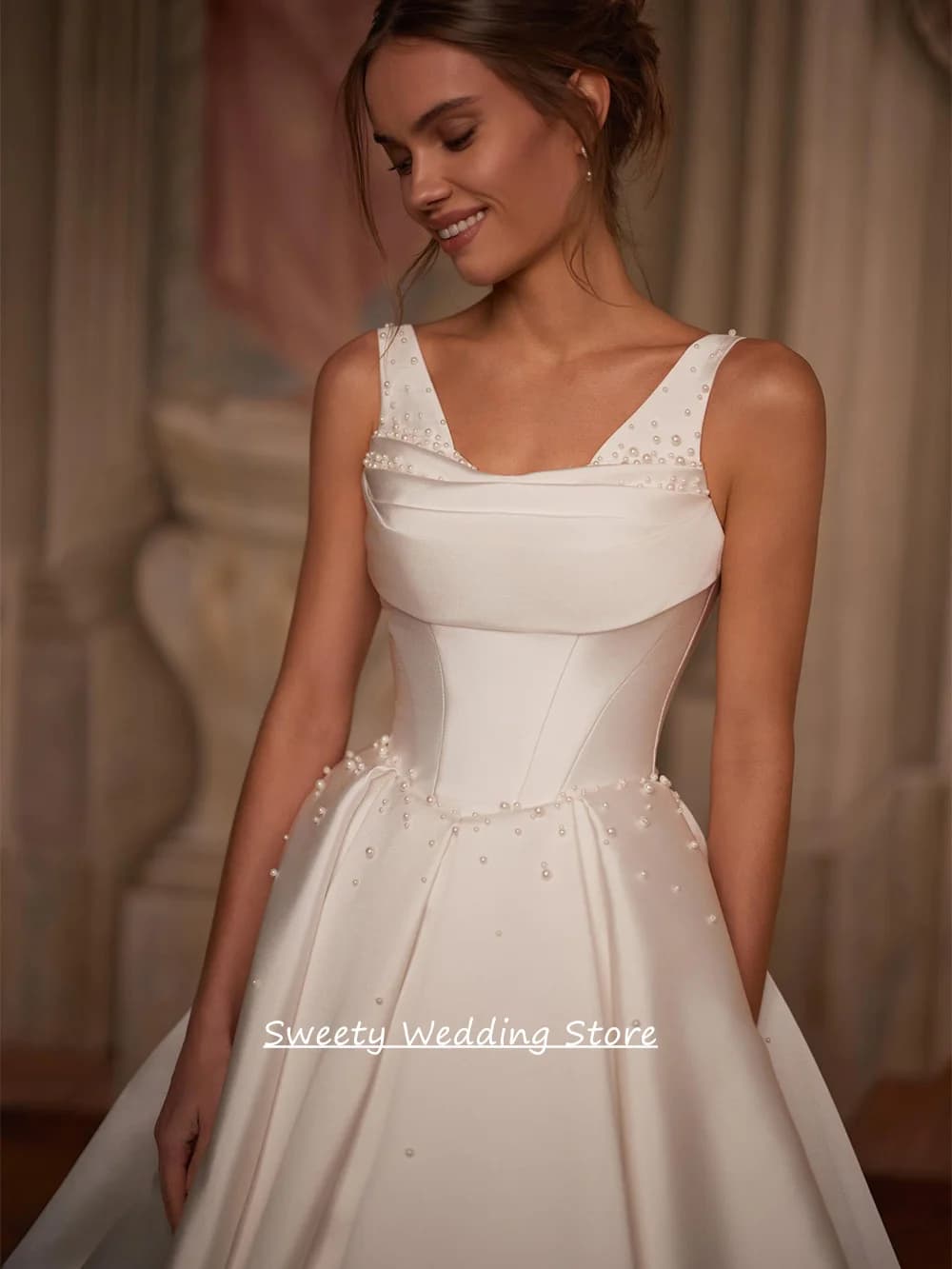 Bride Wedding Dresses for Woman Customized V Neck Sleeveless Pleat Pearls Draped Skirt A Line Bridal Gown Vestido Noiva - image 4