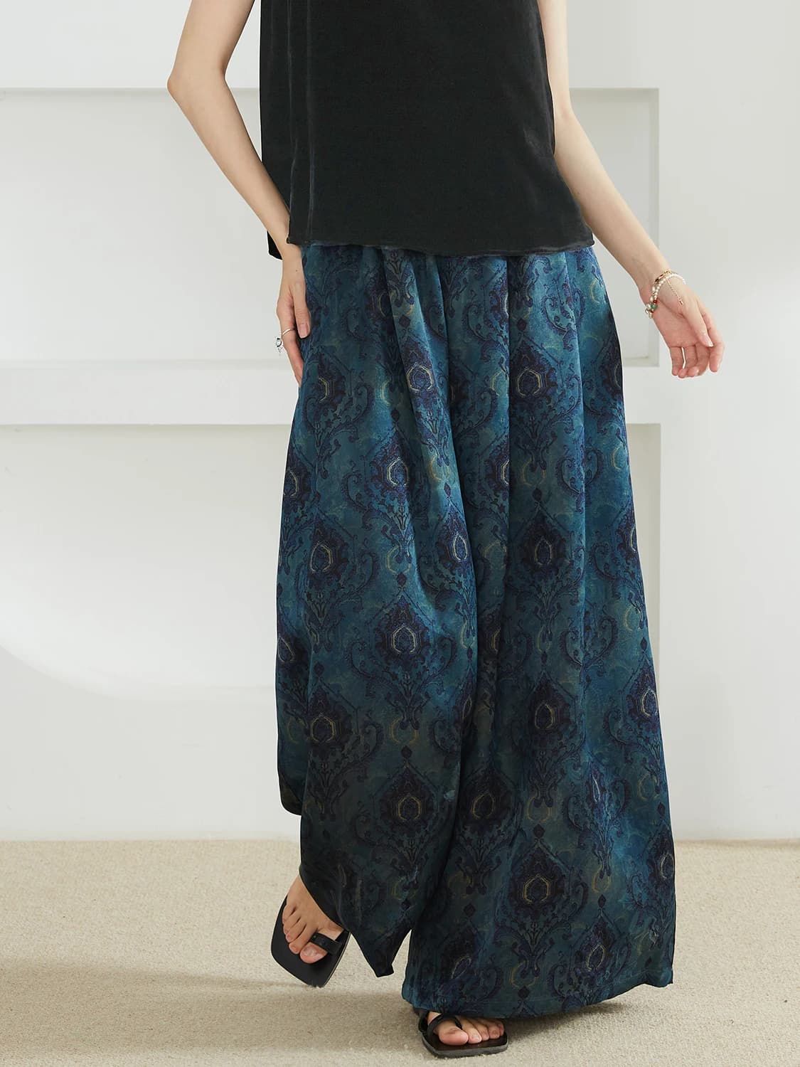National Style Printed 100% Natural Mulberry Silk Fragrant Cloud Yarn Casual Elastic Waist Women's Fashionable Wide Leg Pants - image 4