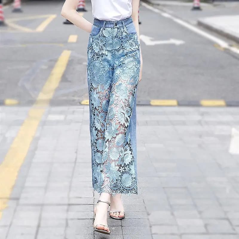 2023 Vintage Vintage Hollowed-out Flower Lace Stitching Women Jeans Summer Cool Trousers Casual High Waist Wide Leg Pants Style - image 4