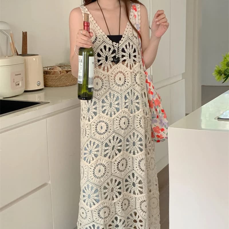 Boring Honey Fashion All-Match Hollow Out Knee-Length Vintage High Street Dress Women V-Neck Beach Style Loose  Thin Dress