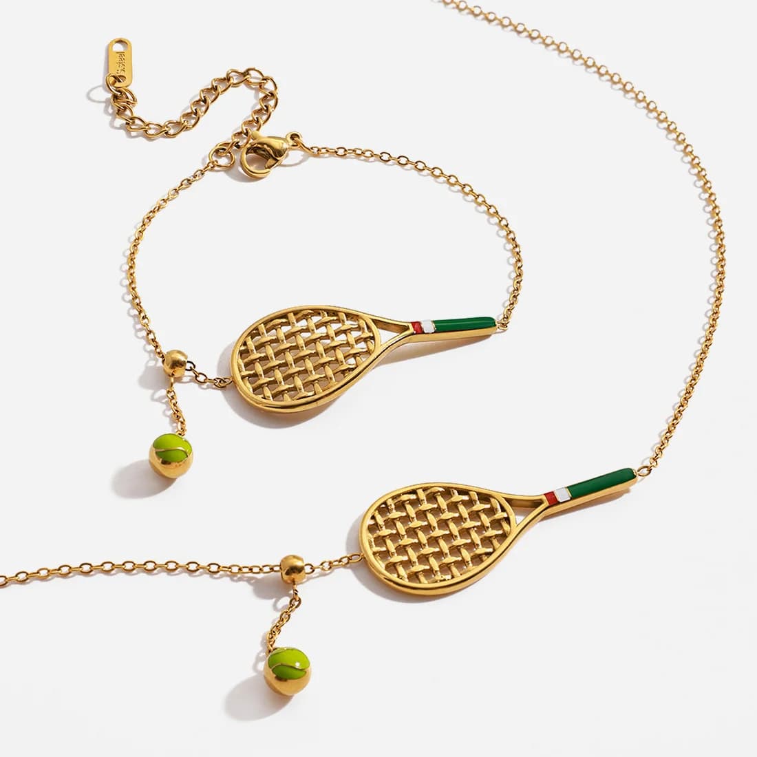 Original European and American design 18K gold-plated tennis racket with resin-filled handle, bracelet, and necklace,  for women