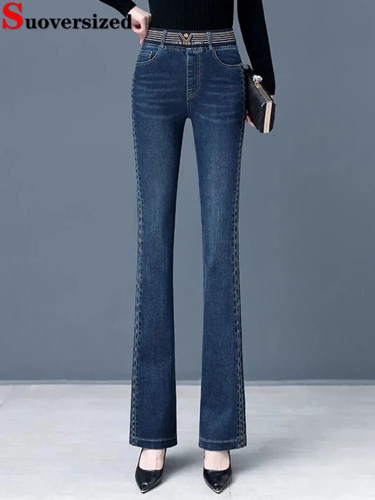 Women Vintage Skinny Stretch Flare Jeans Korean Elastic High Waist Wide Leg Denim Pants Ankle Length Big Size 4xl Kot Pantolon