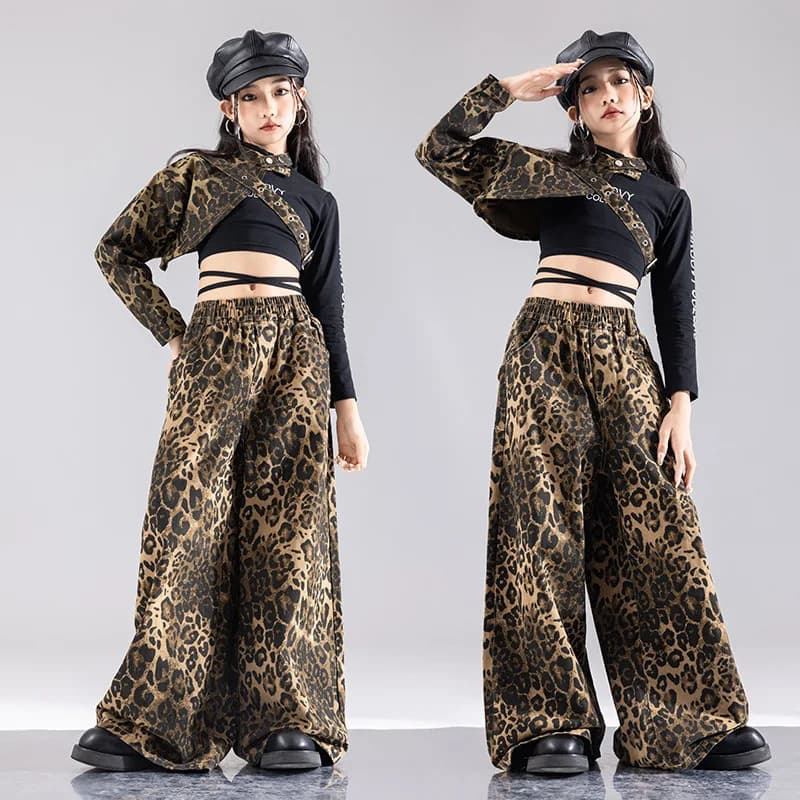 Kid Hip Hop Clothing Leopard Shoulder Sleeve Top Lace up Shorts Leg Warmers Wide Pants for Girl Jazz Dance Wear Costume Clothes - image 5