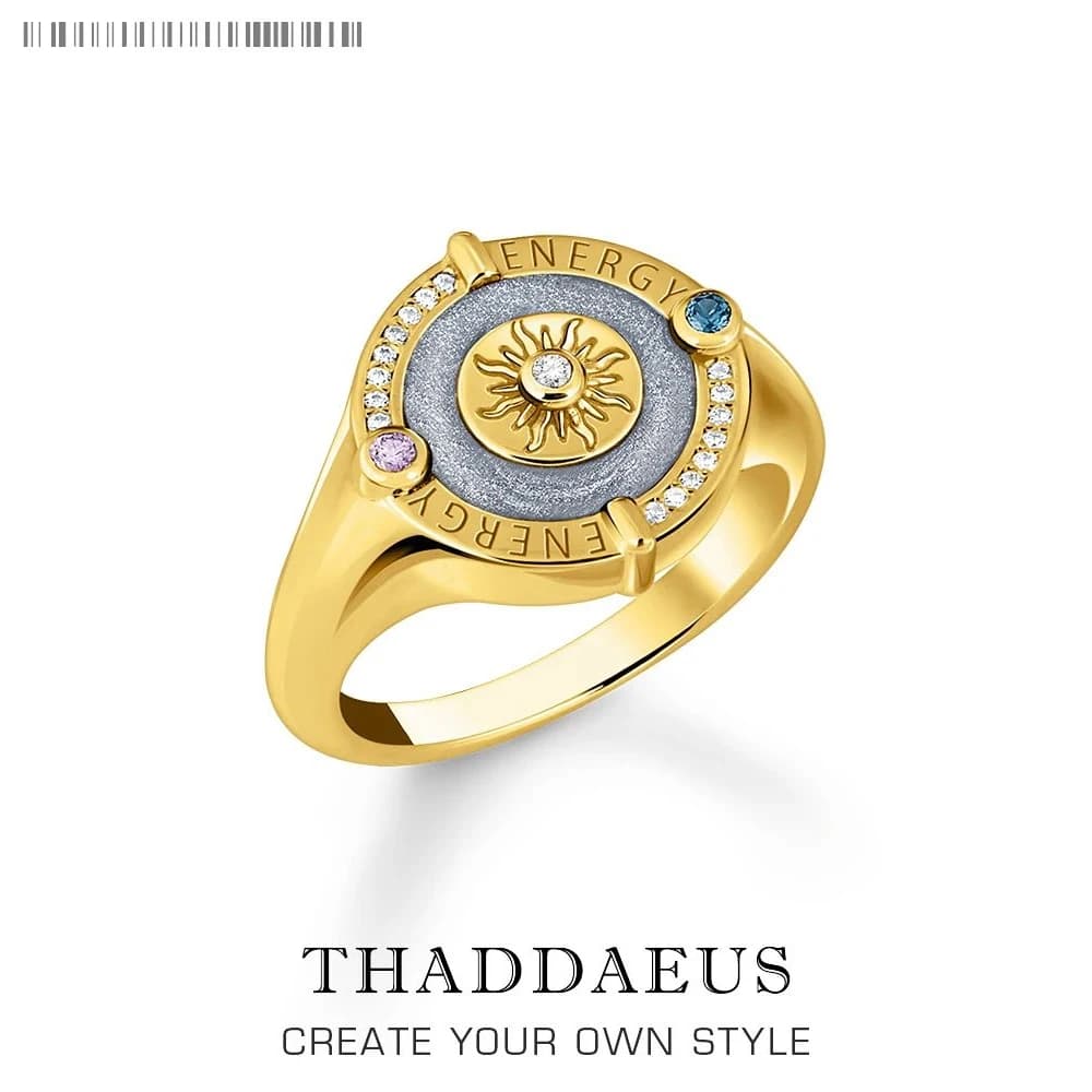 Gold Pated Signet Ring Sun Trendy Fine Jewerly For Women Men Autumn Bohemia Gift In 925 Sterling Silver