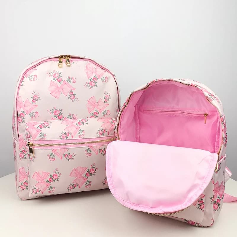 2PCS/SET Trendy Flower Bow Printing School Bag Lunch Bag Large Capacity Nylon Backpack Cute Students Insulation Ice Bento Box - image 4
