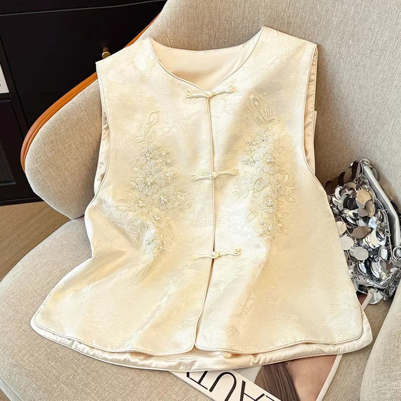 Women's Heavy Beaded Embroidery Vest National Style Comfortable Leisure Temperament round Collar Chinese Top - image 5