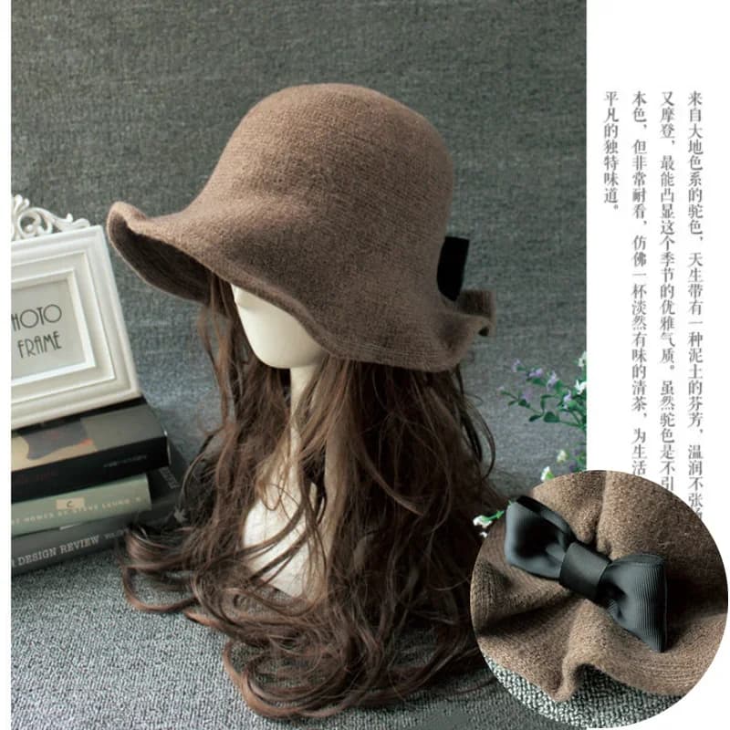 New Vintage Wool Bucket Hats Ladies Bowler Hat Fashion Bows Basin Hat Fisherman Hat Woman Winter Black Coffee Dark Camel Hat - image 3