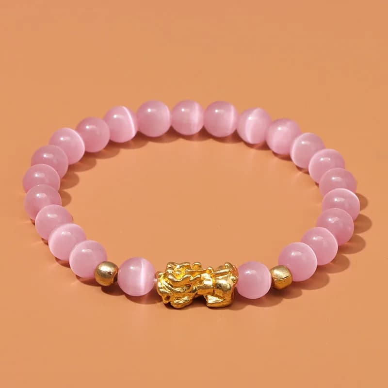 Feng Shui Stone Beads Bracelet Pink Cat Eye Bead Bracelets Pixiu Wealth Lucky Bracelet for Women Men Jewelry Bangles Gifts
