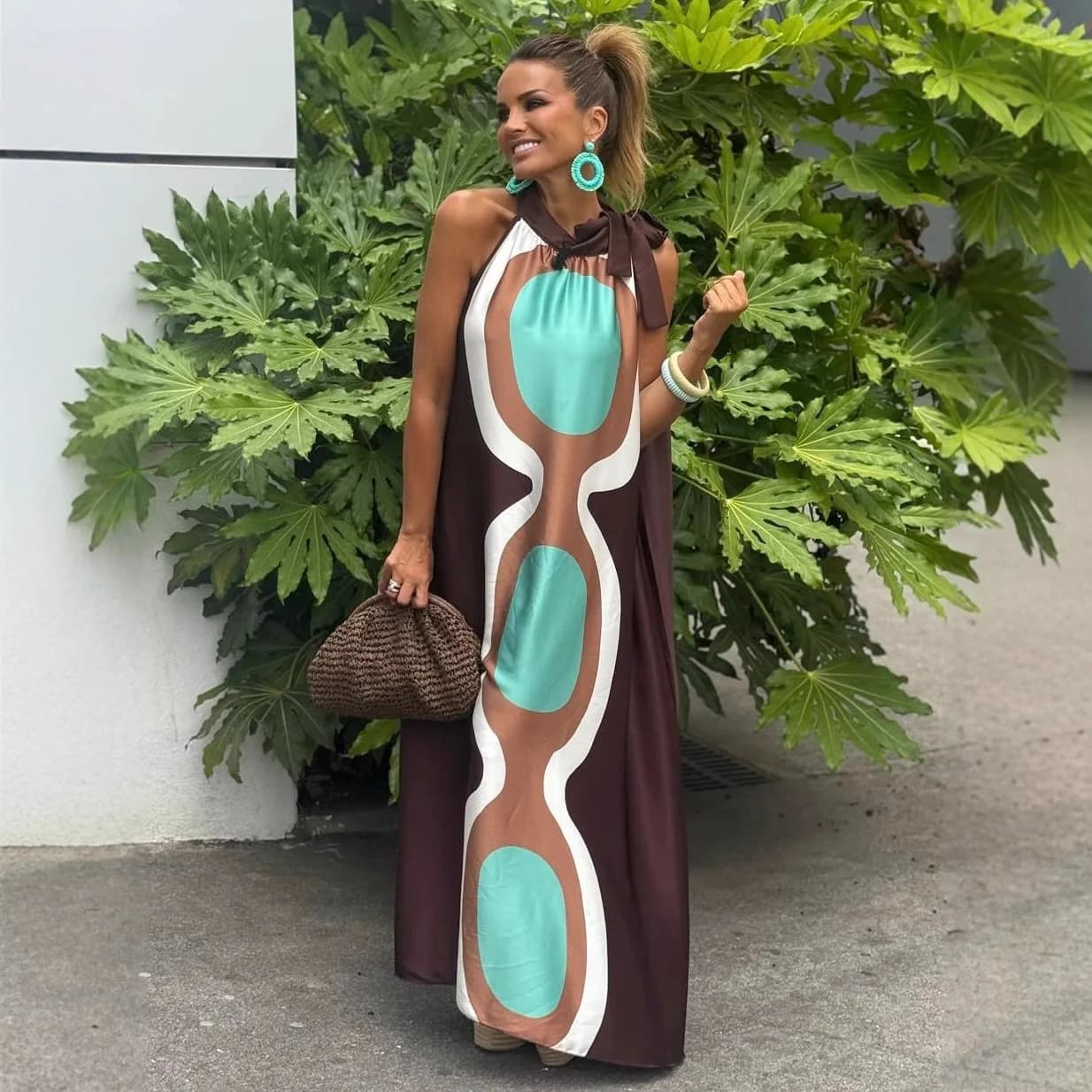 Casual Print Halter Neck Leace-up Long Dresses Women Summer New Vacation Style Loose Maxi Dress Female Vintage Commuting Vestido - image 4
