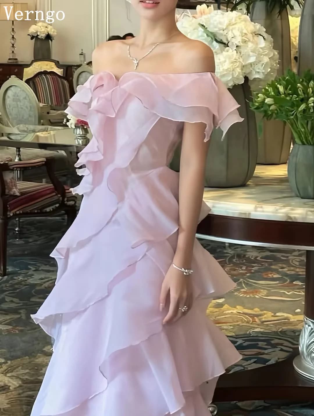Verngo Pink Chiffon Evening Dress Off The Shoulder Tiered A Line Prom Dresses Modern Holiday Party Gowns 2026 Customized - image 4