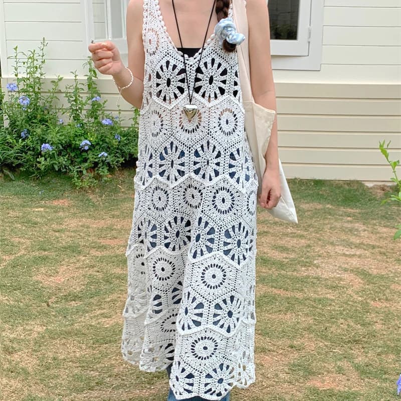 Boring Honey Fashion All-Match Hollow Out Knee-Length Vintage High Street Dress Women V-Neck Beach Style Loose  Thin Dress - image 6