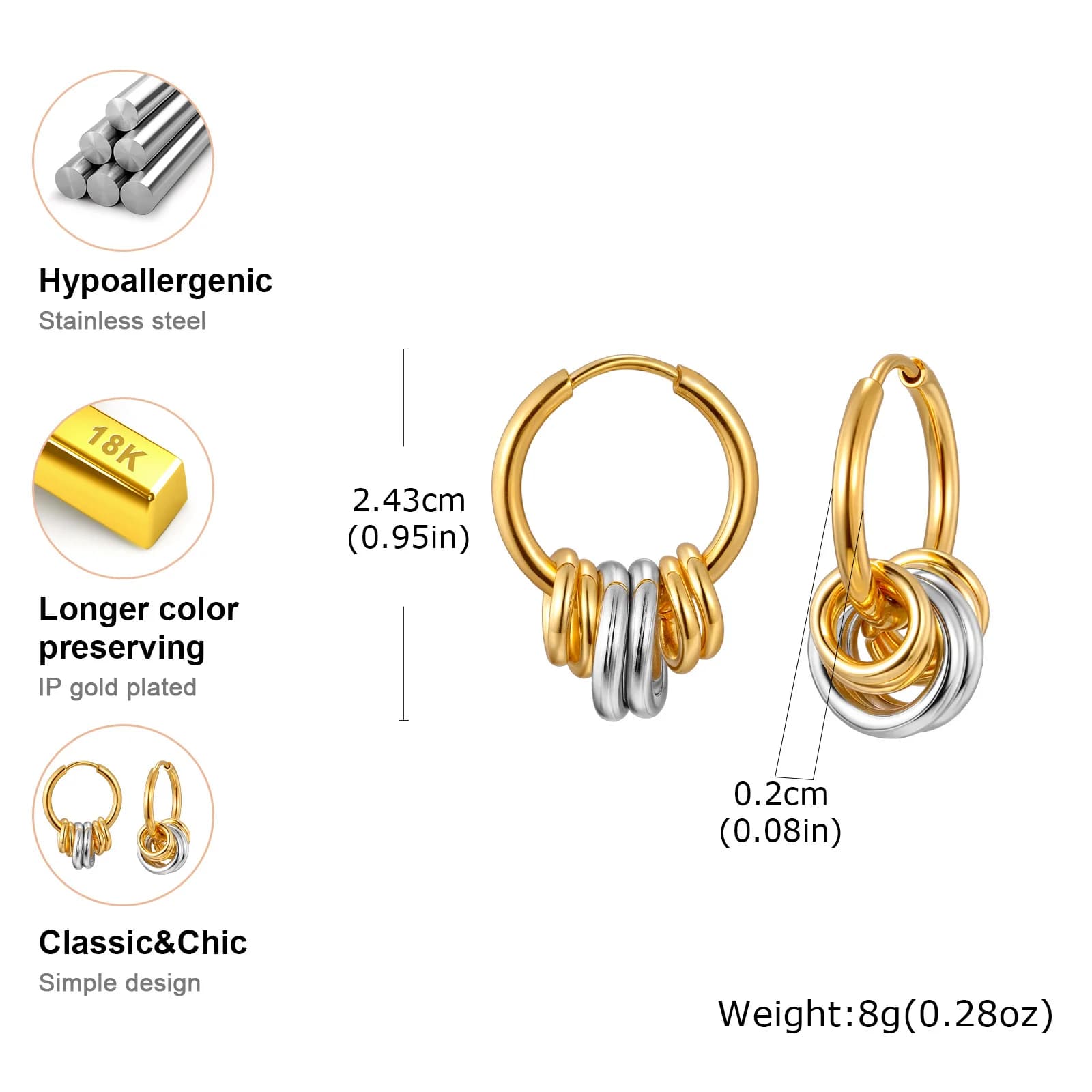 Vnox Classic Multiple Circles Hoop Earrings For Women, Stainless Steel Mixed Color Detachable Multi-ring Ear Jewelry - image 6