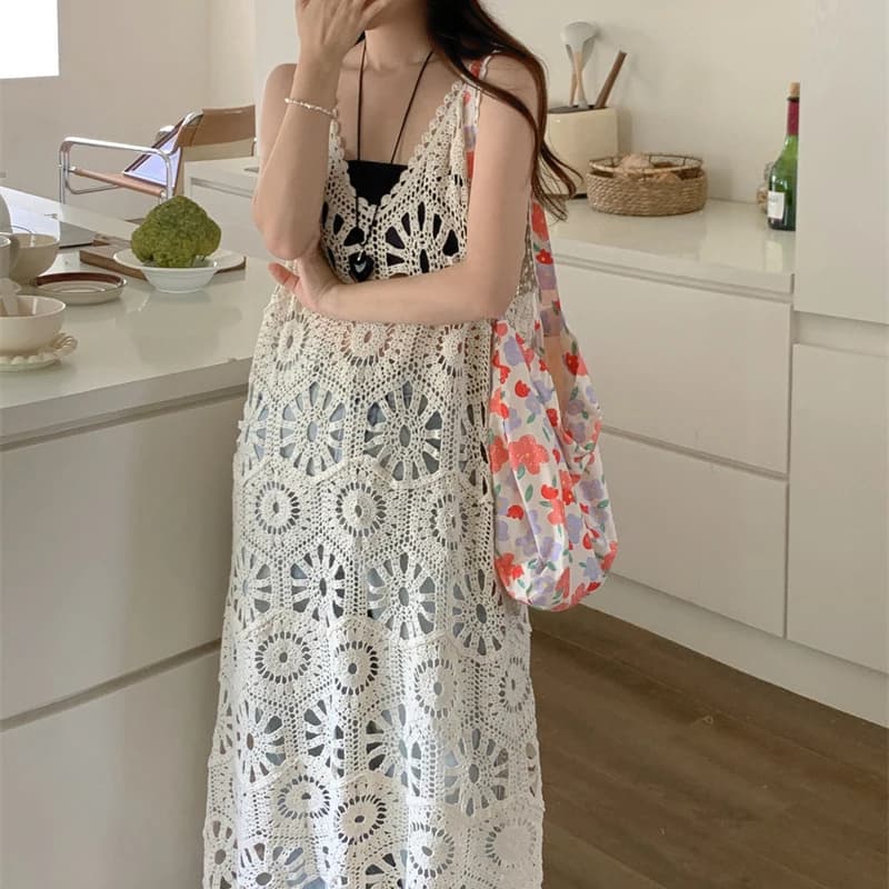 Boring Honey Fashion All-Match Hollow Out Knee-Length Vintage High Street Dress Women V-Neck Beach Style Loose  Thin Dress - image 5