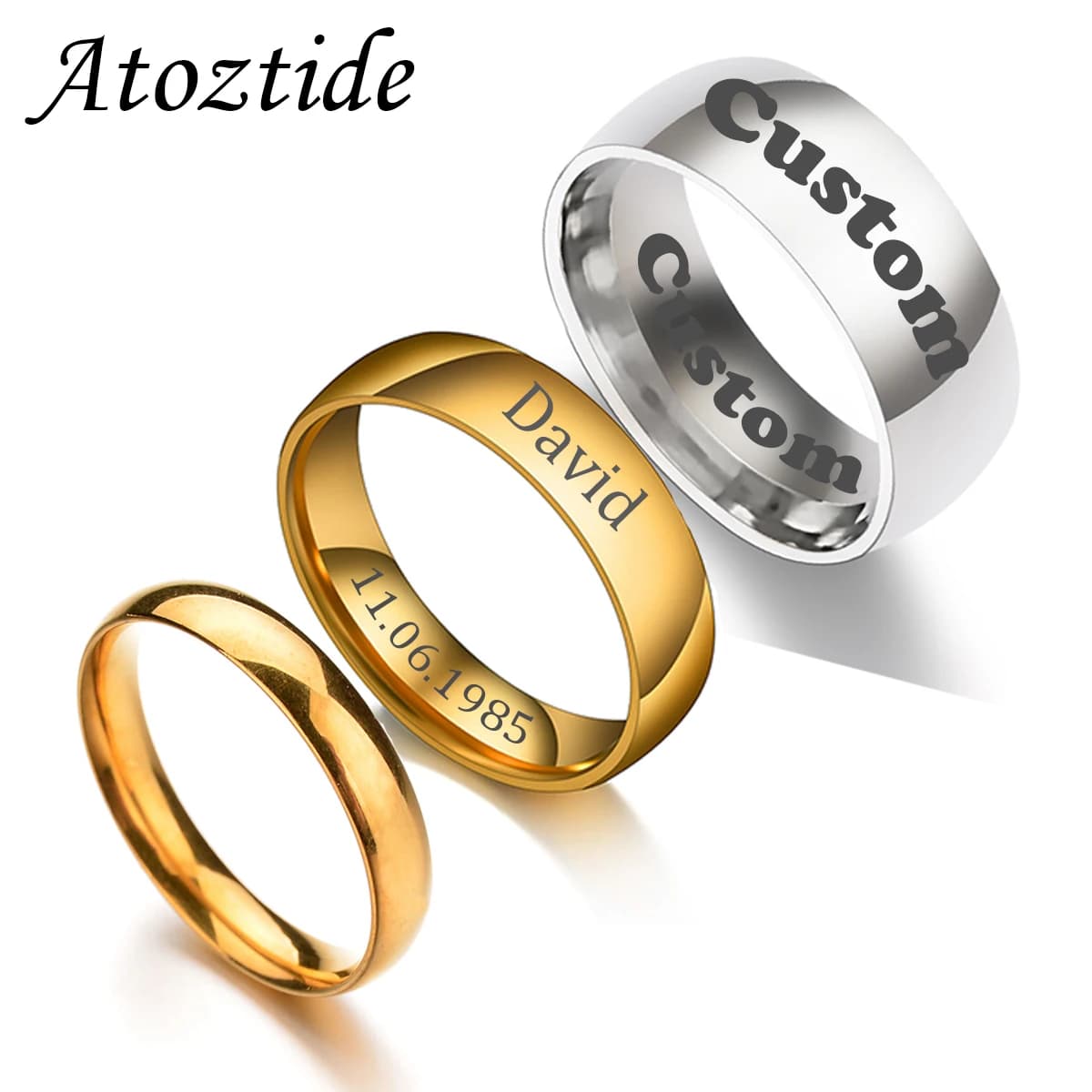 Atoztide 4/6/8mm Personalized Engrave Name Date Sphere Glossy Ring for Women Couple Stainless Steel Anniversary Jewelry Gift