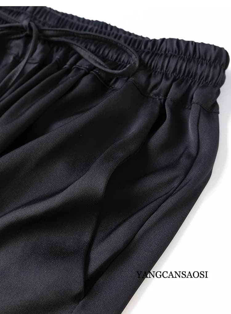 Vertical Naked Feeling 93% Natural Mulberry Silk Elastic Double Qiao Satin Elastic Waist Women's Fashionable Wide Leg Pants - image 5