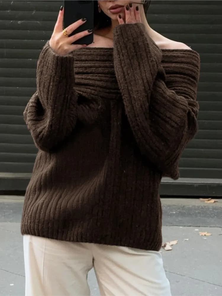 Women Sexy Solid One Neck Ribbed Sweater Fashion Off Shoulder Long Sleeve Knitted Pullover 2024 Autumn Lady Chic Street Knitwear - image 4