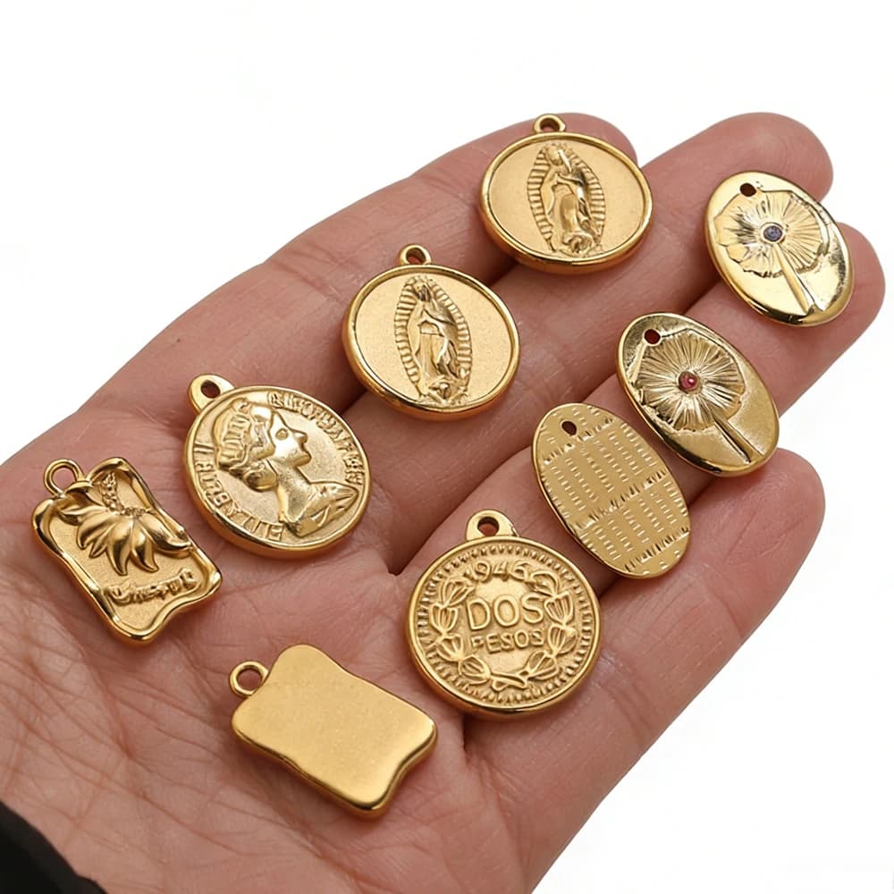 5PCS Religious Vintage Coin Charms Mary Floral Gemstone Pendants 18K Gold Stainless Steel for DIY Necklace Bracelet Jewelry - image 3