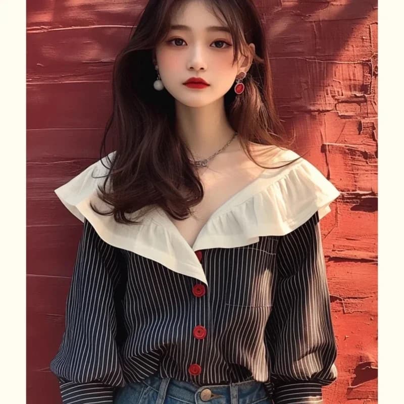 Vintage Women's Shirts Spring/summer New Chiffon Striped Women Blouses Loose Long Sleeve Top Ruffles Korean Clothing Sales - image 5