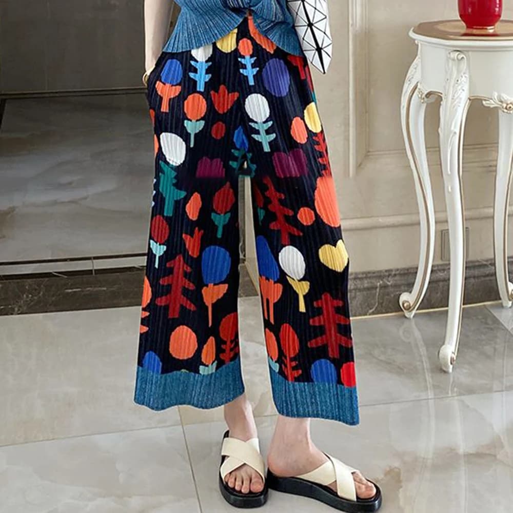 Folded niche  retro printing thin straight casual pants children's high-end summer drape eight-point nine-point pants