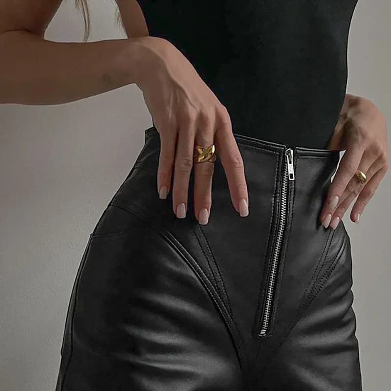 women leather pants 2025 autumn New Women's Faux Leather Pants Zipper Detail High Waisted Tummy-Control Slimming Pencil Trousers - image 3