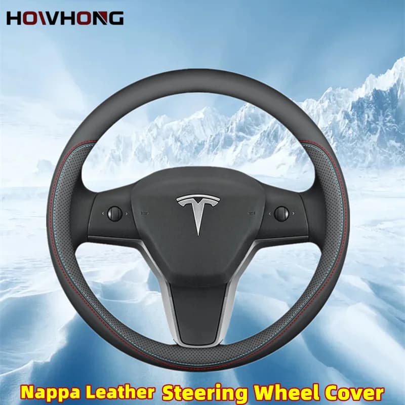 Steering Wheel Cover For Tesla Model 3 Y S X Nappa Leather 4 Seasons 36-39 CM Diameter Black Car Interior Accessories 2017-2024