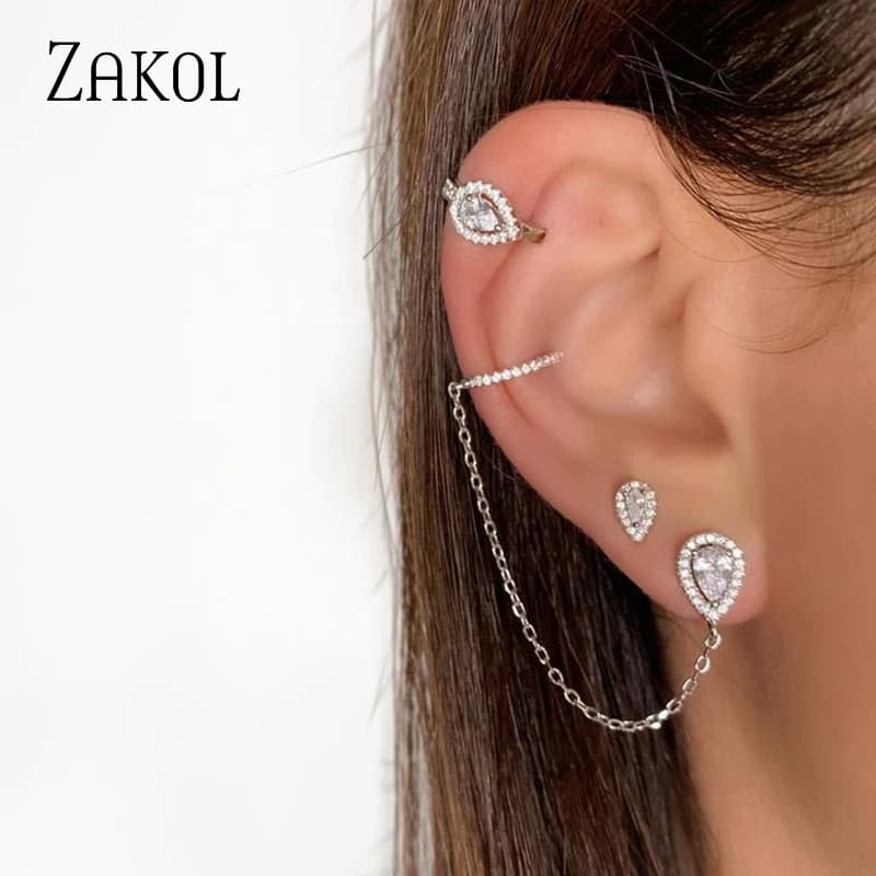 ZAKOL 1 Pieces White Color Water Drop Cubic Zirconia Ear Bone Clip Earrings for Women Fashion Temperament Accesories