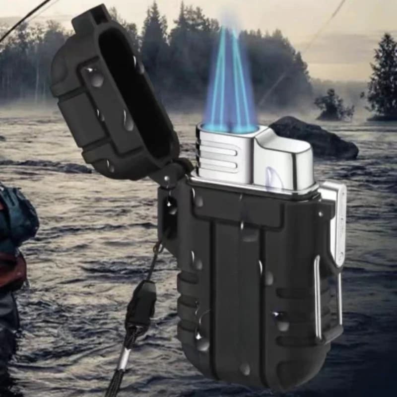 Outdoor Waterproof Lighter with Lanyard Portable Blue Flame Jet Lighter Butane Turbo Cigar Lighter Camping Wading Men's Gadgets