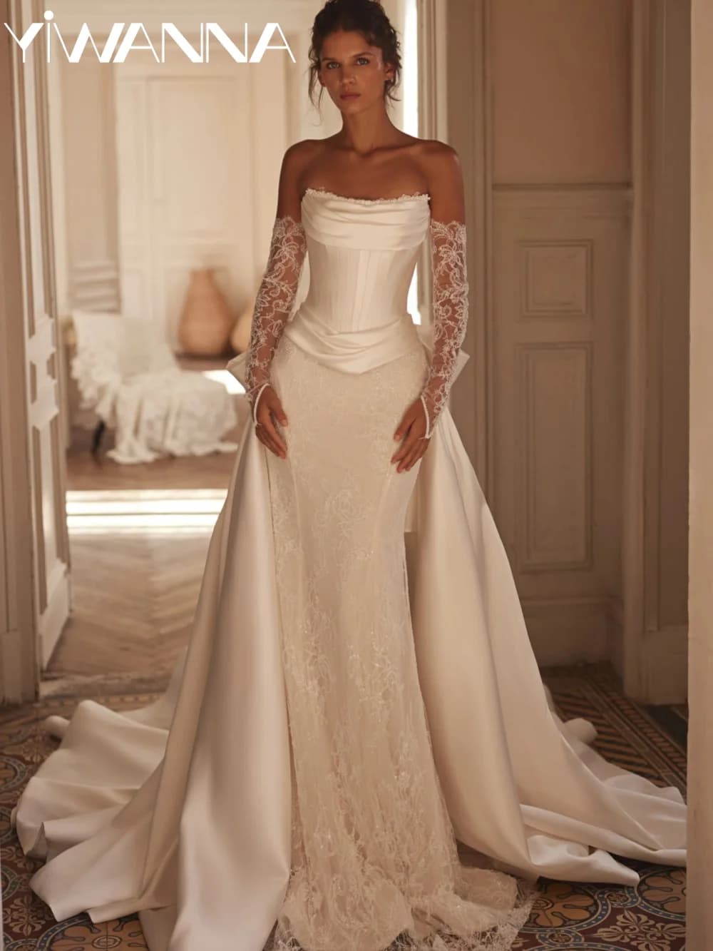 Detachable Satin Train Wedding Dress Structured Corset Beaded Lace Bridal Gown 2026 Customized Elegant Mermaid Dresses For Bride