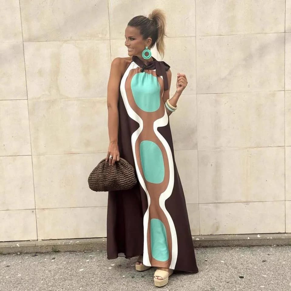 Casual Print Halter Neck Leace-up Long Dresses Women Summer New Vacation Style Loose Maxi Dress Female Vintage Commuting Vestido - image 3