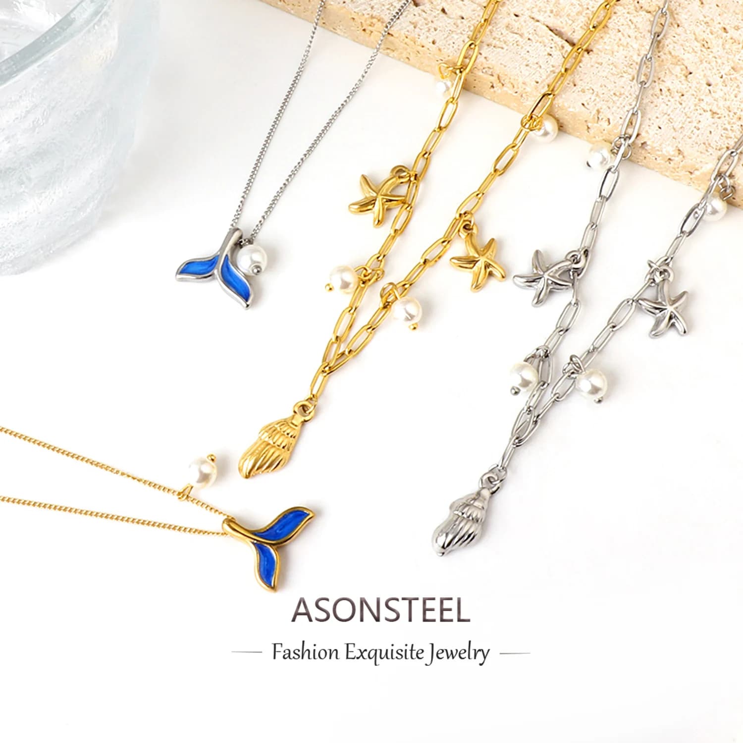 ASONSTEEL Stainless Steel Blue Fishtail Shell Imitation Pearl Starfish Accessories Pendant Necklace Beach Girl Aesthetic Jewelry - image 3