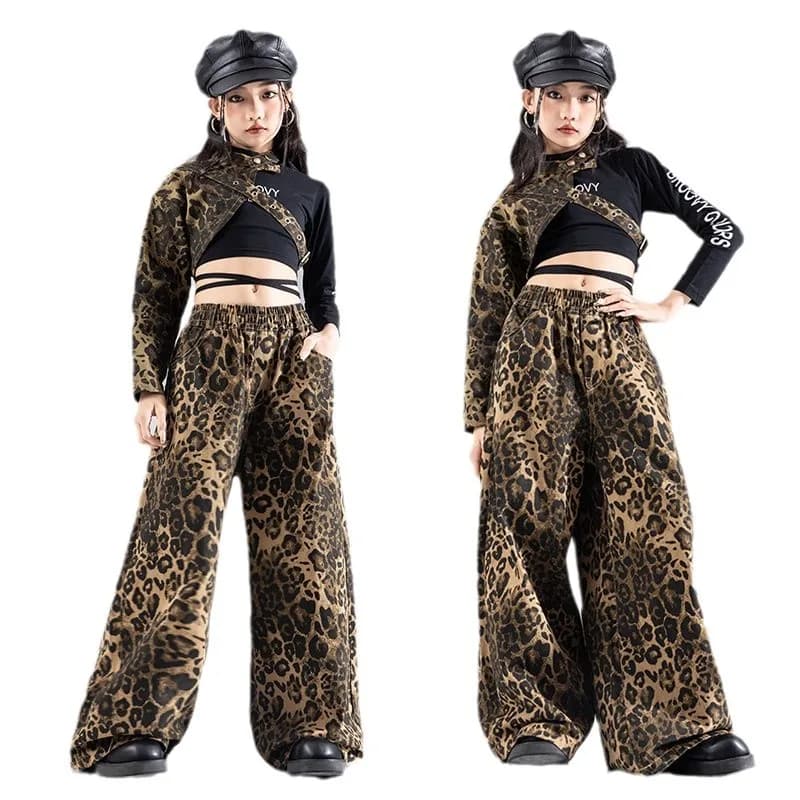 Kid Hip Hop Clothing Leopard Shoulder Sleeve Top Lace up Shorts Leg Warmers Wide Pants for Girl Jazz Dance Wear Costume Clothes - image 6