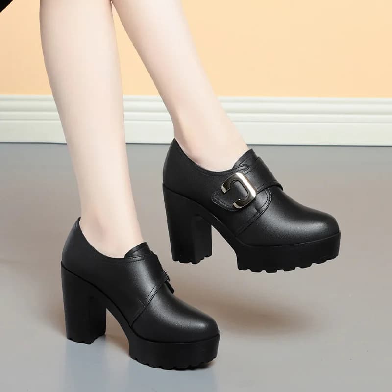 British Style Deep Mouth Soft Leather Chunky Shoes 2024 Spring Block High Heels Shoes Women Oxfords For Office Grace Mode - image 3