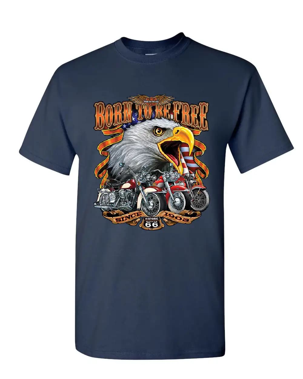 Born To Be Free Historic Route 66 Bald Eagle Motorcycle T-Shirt 100% Cotton O-Neck Short Sleeve Summer Casual Mens T-shirt - image 6