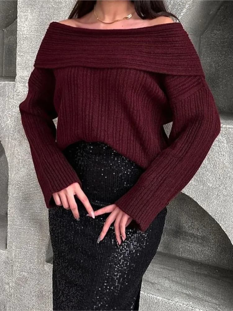 Women Sexy Solid One Neck Ribbed Sweater Fashion Off Shoulder Long Sleeve Knitted Pullover 2024 Autumn Lady Chic Street Knitwear - image 3