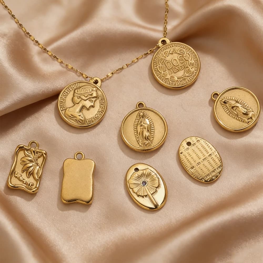 5PCS Religious Vintage Coin Charms Mary Floral Gemstone Pendants 18K Gold Stainless Steel for DIY Necklace Bracelet Jewelry - image 6