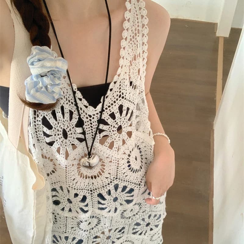 Boring Honey Fashion All-Match Hollow Out Knee-Length Vintage High Street Dress Women V-Neck Beach Style Loose  Thin Dress - image 4