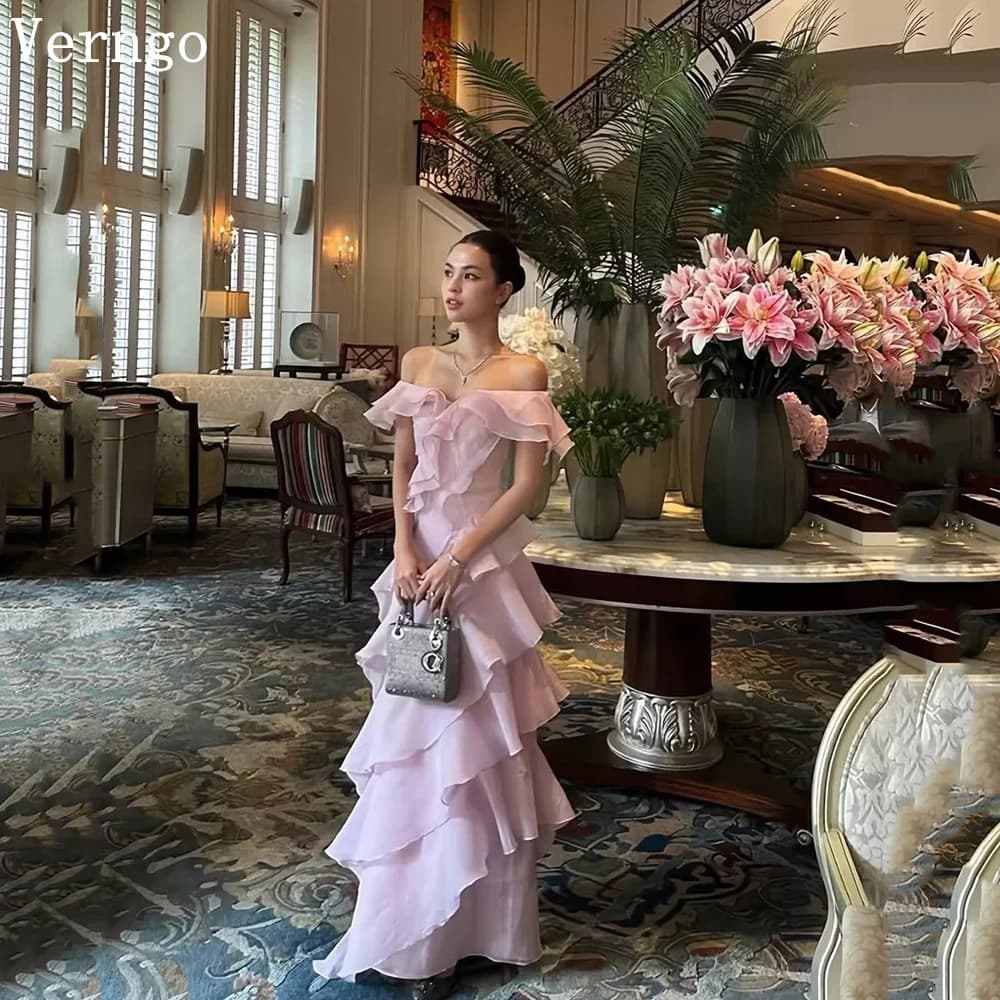 Verngo Pink Chiffon Evening Dress Off The Shoulder Tiered A Line Prom Dresses Modern Holiday Party Gowns 2026 Customized - image 3