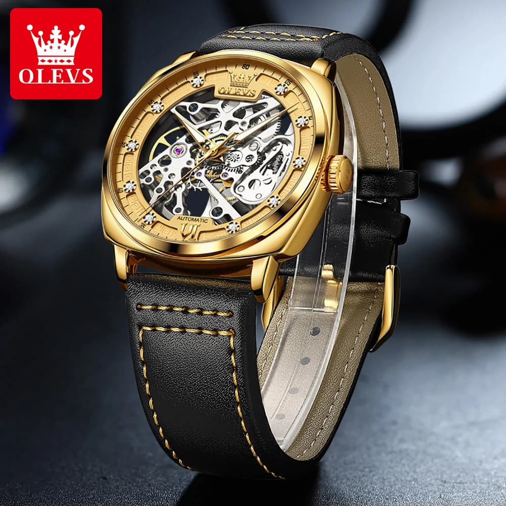 OLEVS Men's Watches Top Brand Hollow Out Automatic Mechanical Wristwatch Waterproof Luminous Leather Strap Watch for Man Fashion - image 4