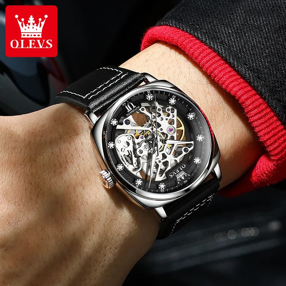 OLEVS Men's Watches Top Brand Hollow Out Automatic Mechanical Wristwatch Waterproof Luminous Leather Strap Watch for Man Fashion - image 5