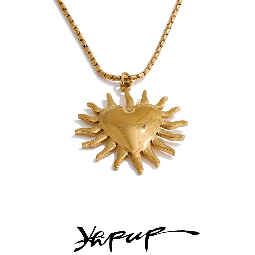 Yhpup 2 Style Sun Heart Pendant Necklace Stainless Steel 18K Gold Color PVD Plated Tarnish Resistant Jewelry Accessory for Women