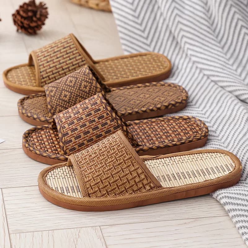 2026 Unisex Bamboo Rattan Woven Slippers Thick Sole Indoor Breathable Non Slip Household Four Seasons Home Shoes - image 4