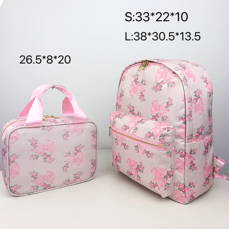 2PCS/SET Trendy Flower Bow Printing School Bag Lunch Bag Large Capacity Nylon Backpack Cute Students Insulation Ice Bento Box - image 3
