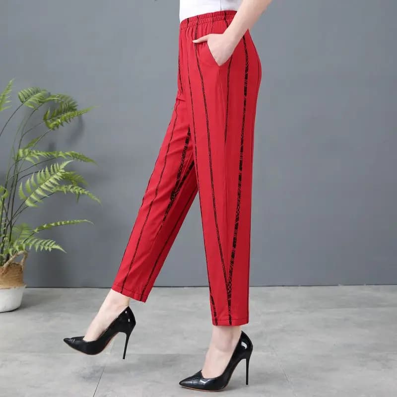 2023 Summer Fashion Elastic High Waist Slim Stripe Contrast Color Pocket Casual Loose Versatile Women's Small Foot Harlan Pants - image 3