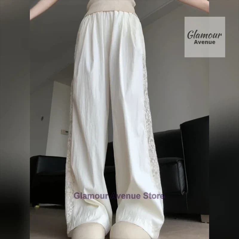 French retro lace design stitching pants women's summer new fashion temperament straight loose wide leg drop casual pants. - image 3